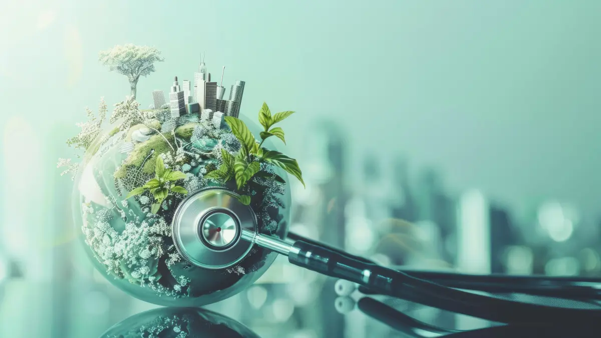 Stethoskop mit Weltkugel und Pflanzen symbolisch für mehr Nachhaltigkeit in der Urologie
