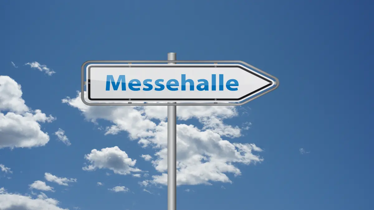 Schild mit Messehalle