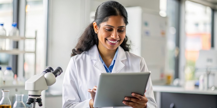 Symbolbild, Frau mit Laborkittel schaut in einem Labor auf ein Tablet
