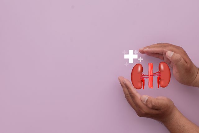 Weltnierentag, Konzept des Internationalen Tages der Wohltätigkeit, Idee eines Nierensymbols in der Hand zur Sensibilisierung für die Nierengesundheit, Vorbeugung von Nierenerkrankungen und die Bedeutung einer gesunden Lebensführung.