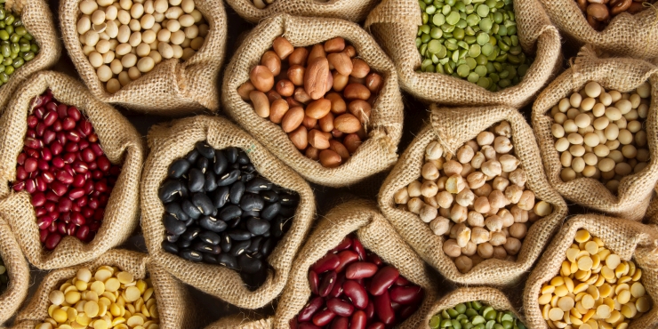 Symbolbild, Leinensäcke mit verschiedenen Hülsenfrüchten