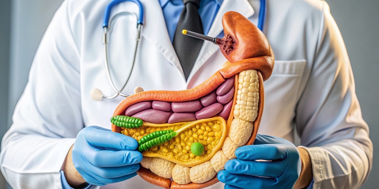 Symbolbild, Arzt im Hintergrund hält ein medizinisches Modell eines Pankreas