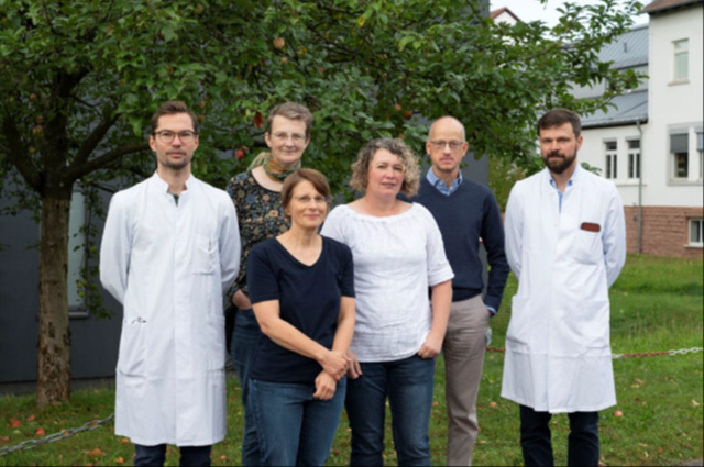 Das Foto zeigt PD Dr. med. Moritz Bewarder, Claudia Schormann, Natalie Fadle, Evi Regitz, PD Dr. rer. nat. Frank Neumann und Prof. Dr. med. Lorenz Thurner (alle José Carreras Center für Immun- und Gentherapie der Klinik für Innere Medizin I des Universitätsklinikums und Universität des Saarlandes)