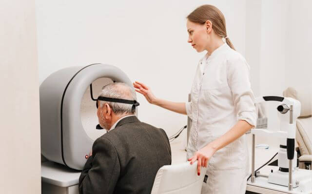 Älterer Patient bei Gesichtsfelduntersuchung