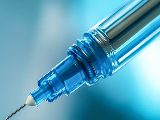 Nahaufnahme einer blauen Einwegspritze mit Nadel auf blauem Hintergrund