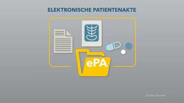 2D-Illustration einer geöffneten Akte mit Dokumenten und Medikamenten als Symbolbild für die elektronische Patientenakte (ePA).