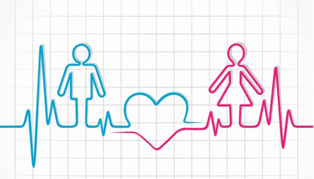 Stilisiertes Herzschlag-Diagramm, das Männer- und Frauensymbole verbindet, symbolisiert kardiovaskuläre Gesundheit.