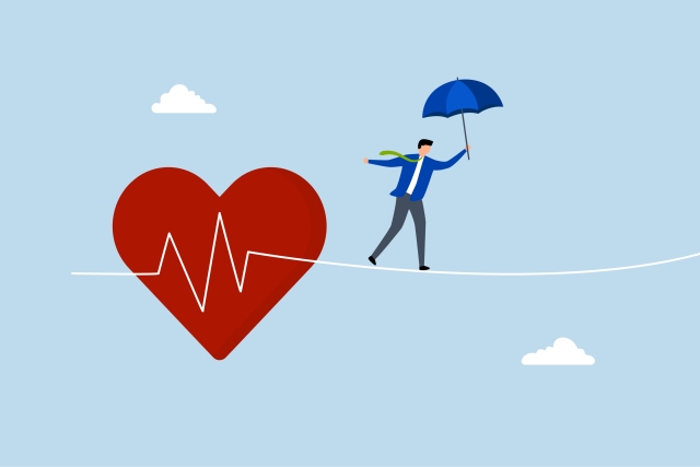 Illustration eines roten Herzens mit EKG-Linie und einer Person, die mit einem Regenschirm auf einem Seil balanciert, symbolisiert Resilienz und Herzgesundheit.