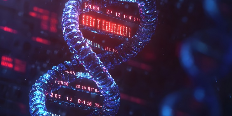 Symbolbild, 3D-Graphik einer DNA-Helix mit roten Zahlencodes