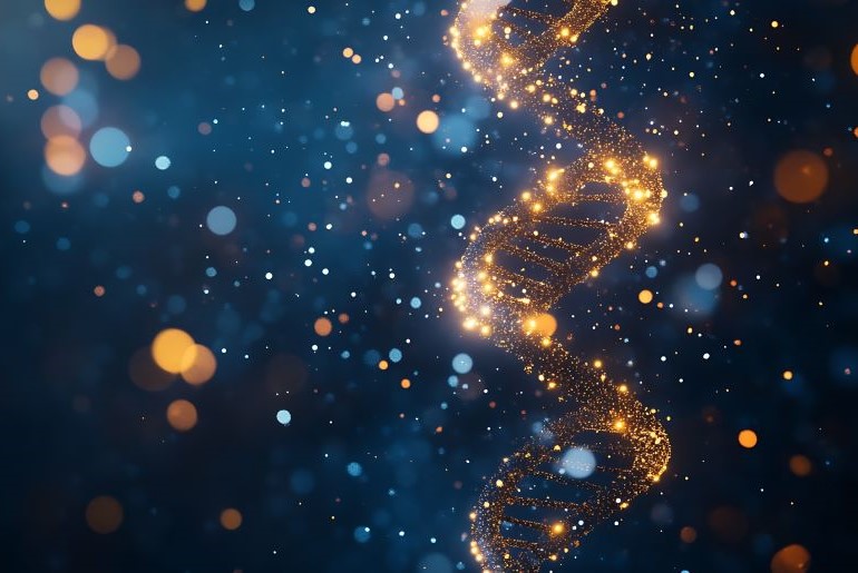 Leuchtende DNA-Helix aus goldenen Partikeln vor dunklem Hintergrund mit schimmernden Lichtpunkten.