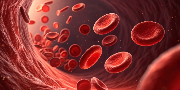 Symbolbild, 3D-Grafik von roten Blutkörperchen in einer Blutbahn