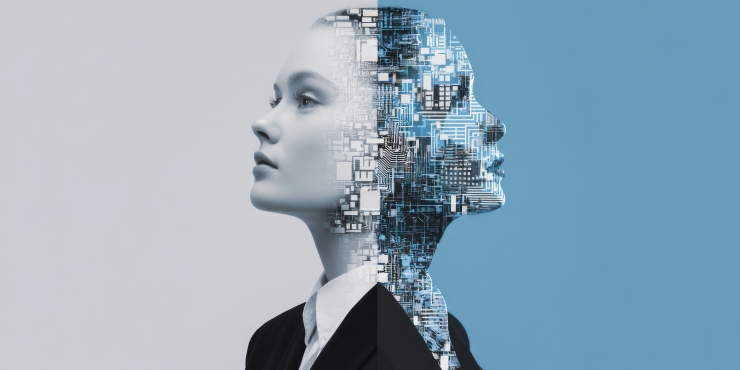 Symbolbild, Mensch und Roboter nebeneinander, deren Gesichter ineinander übergehen