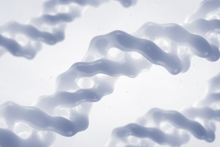 Molekulare Darstellung der Kollagen-Tripelhelix, weiße, verdrehte Stränge auf hellem Hintergrund.