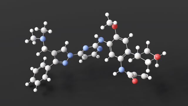 3D-Modell einer Molekülstruktur mit organischen und chemischen Verbindungen.