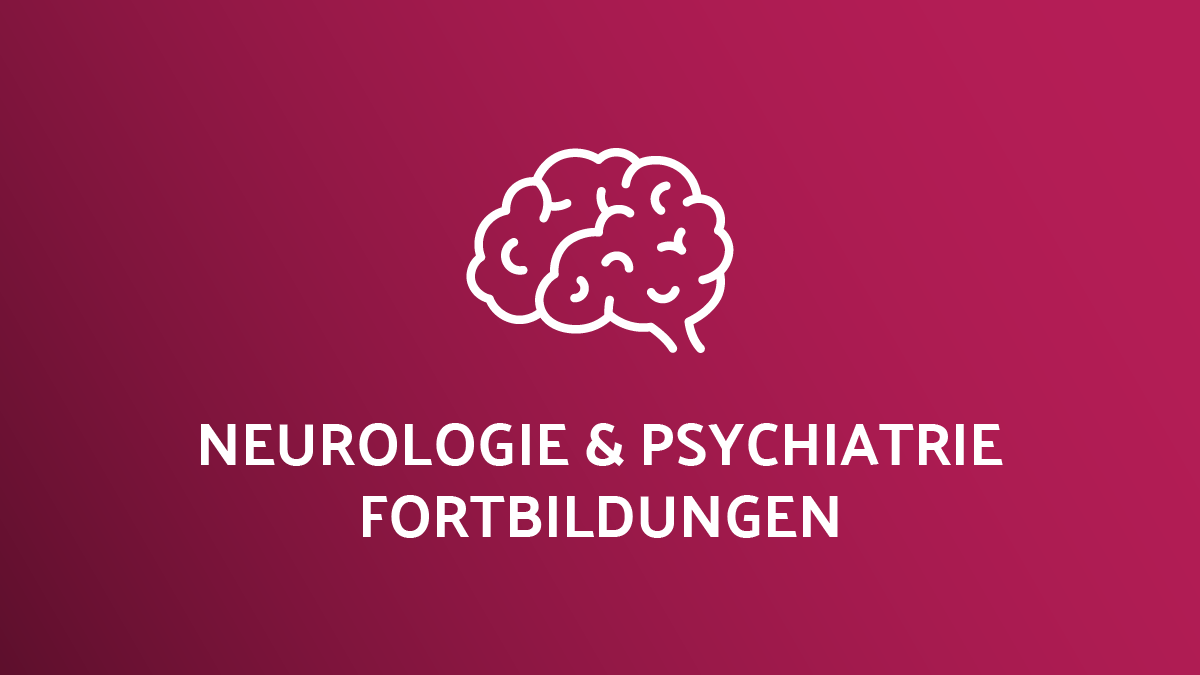 Gehirn-Icon mit dem Text „Neurologie & Psychiatrie Fortbildungen“ auf pinkem Hintergrund.
