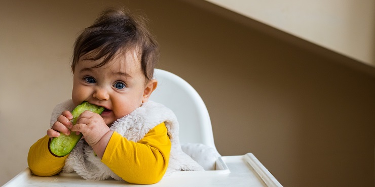 Kleinkind sitzt im Hochstuhl und isst Gemüse
