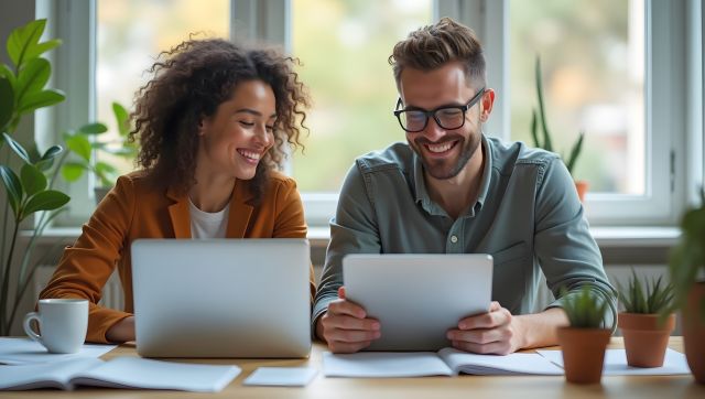 Junge Menschen am Tisch mit Laptop und Tablet