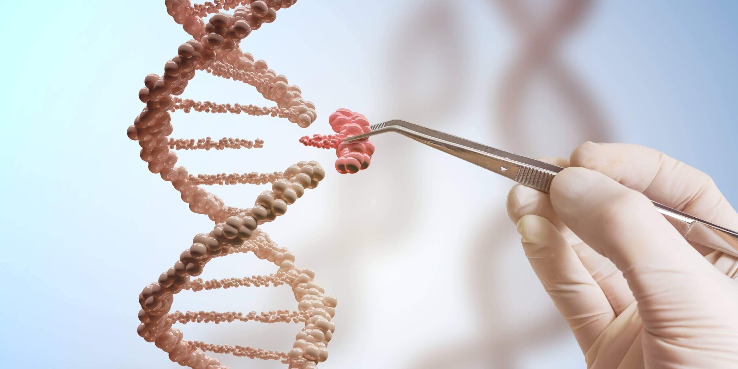 Gentherapie - Hand mit Pinzette tauscht Teil eines DNA-Stranges aus