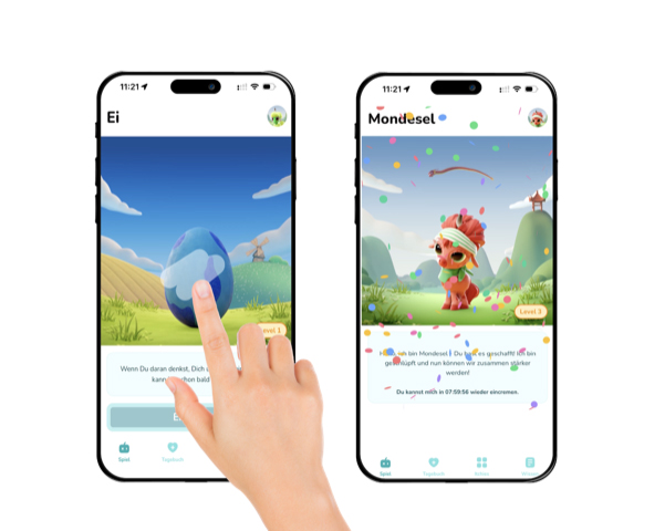 Zwei Smartphone-Bildschirme zeigen eine App, in der ein Ei schlüpft und ein Mondseel-Charakter erscheint.