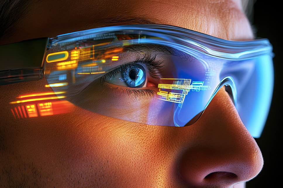 Blaue Schutzbrille in Seitenansicht vor dunklem Hintergrund.