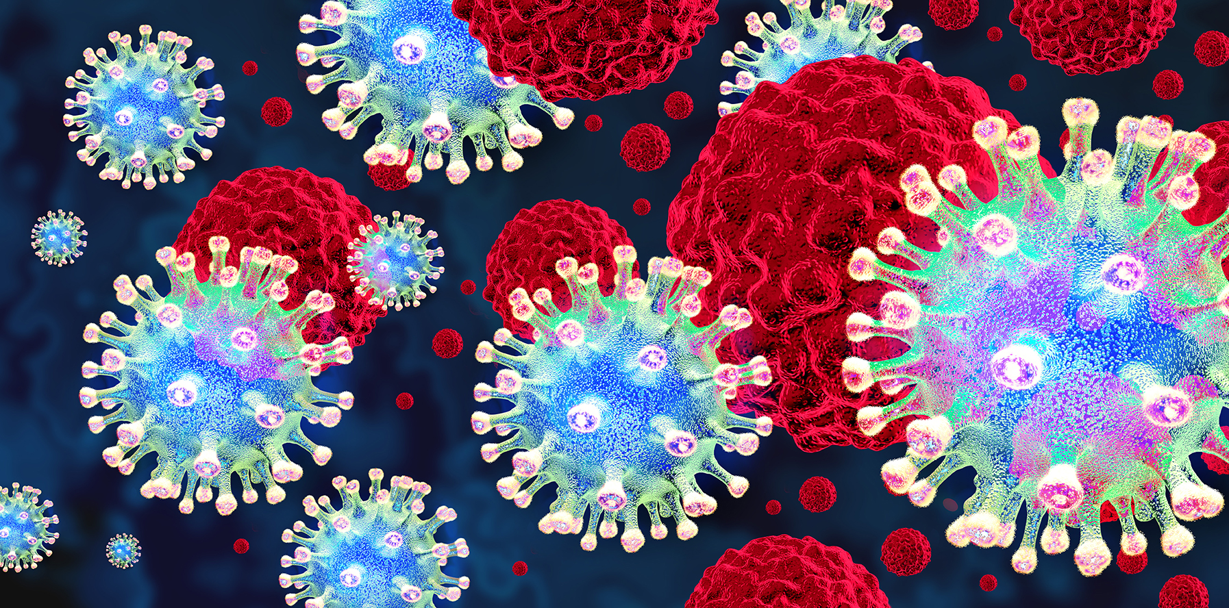 Darstellung von Coronavirus-Partikeln und roten Blutzellen im Blutkreislauf.