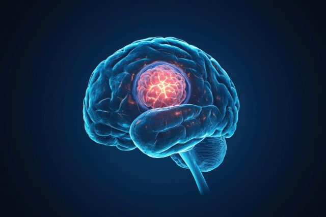 Visualisierung eines menschlichen Gehirns mit leuchtendem Zentrum