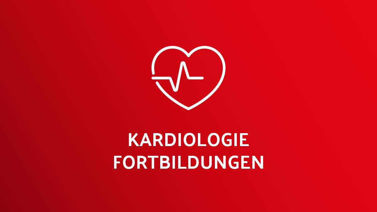 Herz-Icon mit EKG-Linie und dem Text „Kardiologie Fortbildungen“ auf rotem Hintergrund.