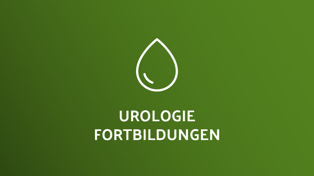 Tropfen-Icon mit dem Text „Urologie Fortbildungen“ auf grünem Hintergrund.