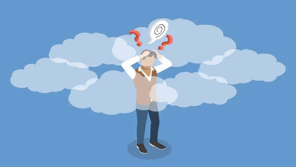 3D-Darstellung eines Mannes mit Wolken um Kopf und Fragezeichen sowie Spirale in einer Sprechblase.