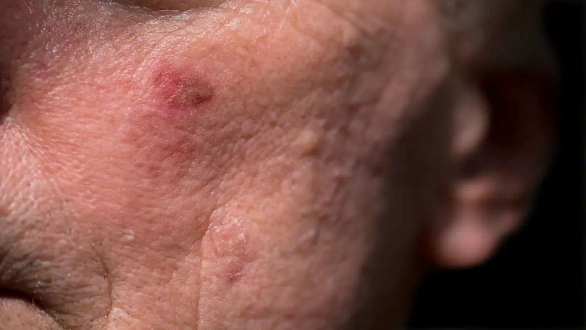 Nahaufnahme von geröteter Haut mit sichtbaren Hautveränderungen, die dermatologische Erkrankungen symbolisieren.