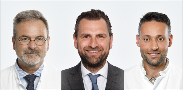Prof. Dr. Peter Albers, Direktor der Klinik für Urologie am UKD; Prof. Dr. Lars Schimmöller, Leiter der Studie und Direktor des Instituts für Diagnostische, Interventionelle Radiologie und Nuklearmedizin im Marien Hospital Herne, Universitätsklinikum der RUB und wissenschaftlicher Mitarbeiter im Institut für Diagnostische und Interventionelle Radiologie am UKD; Dr. Rouvier Al-Monajjed, Leiter der Studie und Oberarzt in der Klinik für Urologie am UKD. (Fotos: UKD; St. Elisabeth Gruppe; UKD)