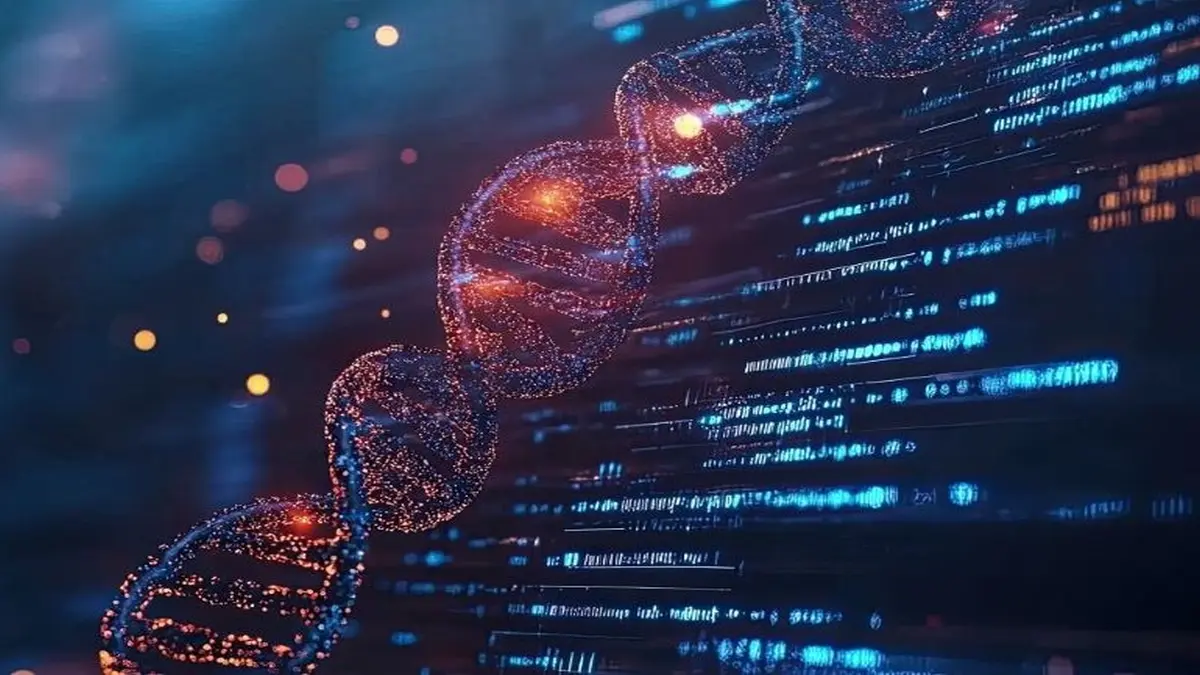 Visualisierung einer DNA-Sequenz mit digitalen Daten, die Genetik und künstliche Intelligenz symbolisiert.