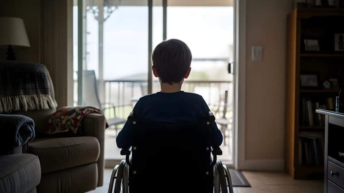 Boy in Wheelchair Looking Out Window Daydreaming Hopeful Future Dreams Aspirations Disability Acceptance Inclusion Support Caregiver Family Home Life