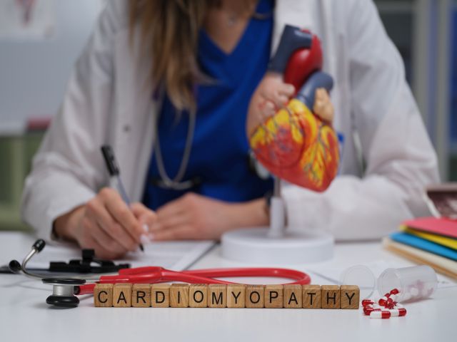 Medizinische Diagnose von Kardiomyopathie mit Herzmodell und Arzt im Hintergrund.