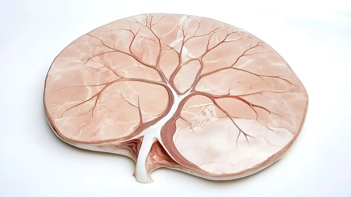 Detailreiche Darstellung einer Plazenta mit sichtbaren Blutgefäßen, die die Blutversorgung während der Schwangerschaft symbolisiert.