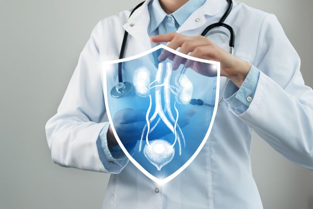 Ärztin hält ein Schutzschild mit einer Illustration des Urogenitalsystems, symbolisiert digitale Sicherheit in der Urologie.