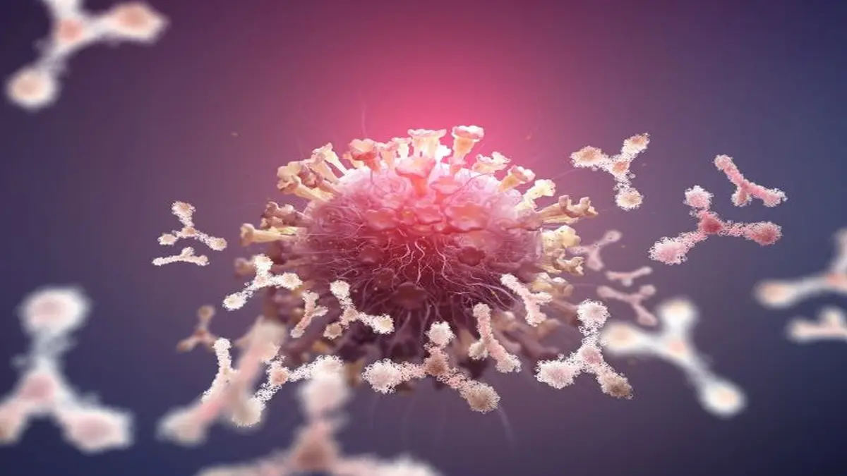 Illustration eines Virus, das von Antikörpern umgeben ist.