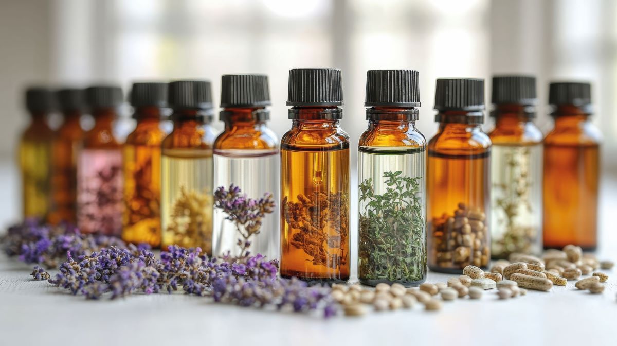 Reihe von Fläschchen mit ätherischen Ölen, gefüllt mit Kräutern und Blumen, Symbol für Naturheilkunde und Aromatherapie.