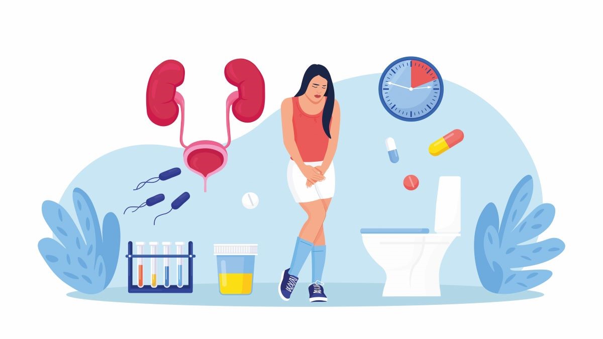 Illustration einer Frau mit Beschwerden im Bereich der Harnwege, umgeben von Symbolen wie Blase, Nieren, Medikamenten und Toiletten.