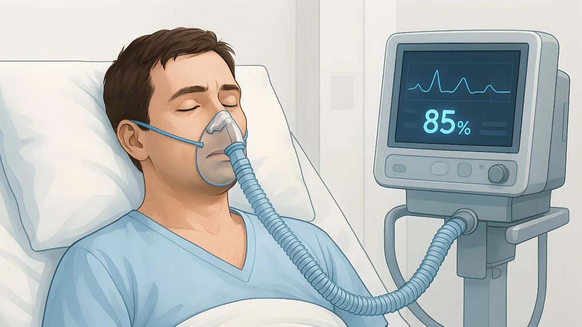 Illustration: Ein Mann in blauem Shirt wird künstlich beatmet.