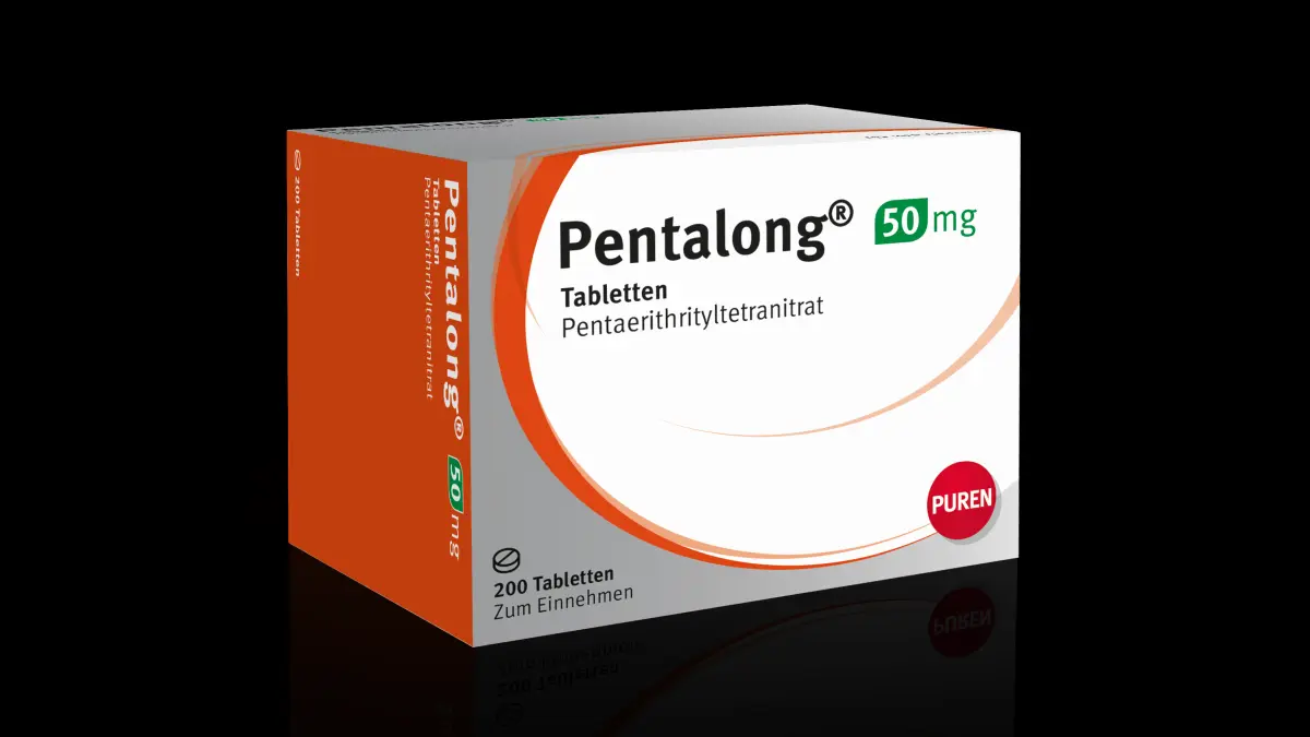 Packshot der Pentalong 50 mg Tabletten mit Pentaerithrityltetranitrat von Puren Pharma