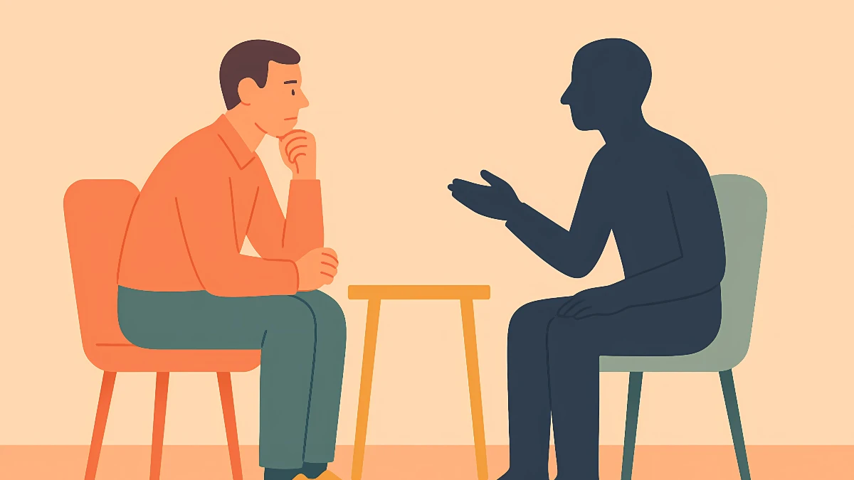 Patient sitzt im psychotherapeutischen Gespräch seinem Schattenselbst gegenüber, verdeutlicht durch die Silhouette einer Person.