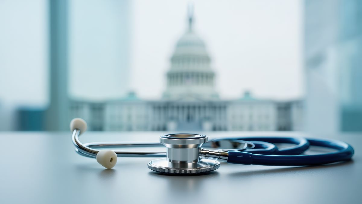 Stethoskop auf einem Tisch vor einem Regierungsgebäude, Symbol für Gesundheitspolitik und medizinische Versorgung.