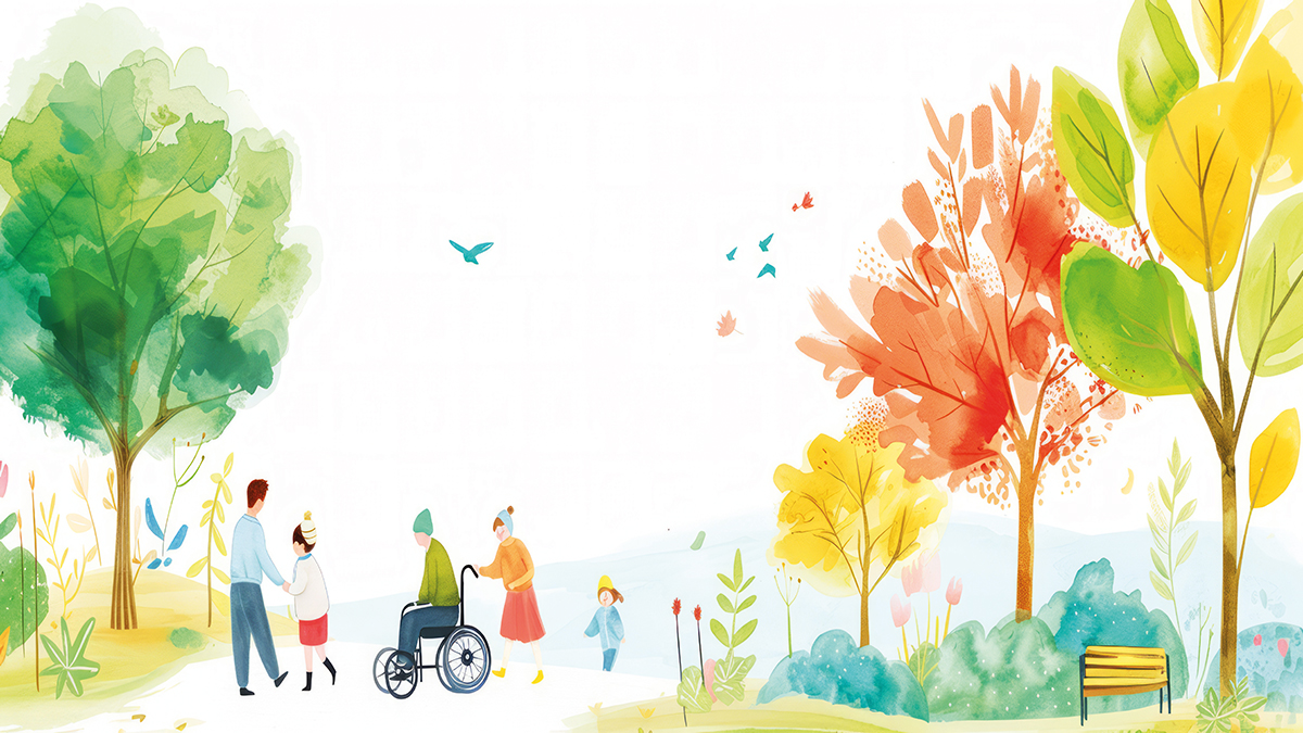 Farbenfrohe Aquarellmalerei zeigt eine vielfältige Gruppe von Menschen am Internationalen Tag der Menschen mit Behinderung, am Tag der Behinderung, in der Welt auf Rollstühlen, am Tag der Autismusaufklärung und im Gesundheitswesen