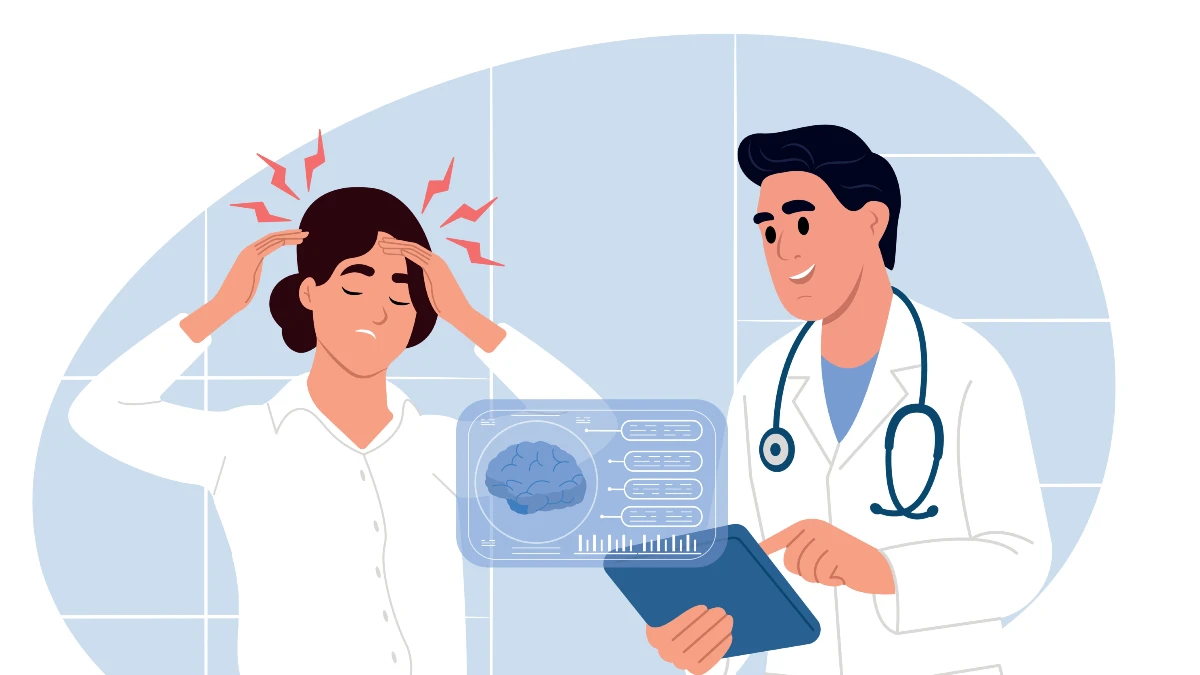 Illustration eines Arztgesprächs: Ein Arzt klärt eine Patientin über Epilepsie auf, die Patientin hält sich die Hände an den schmerzenden Kopf.