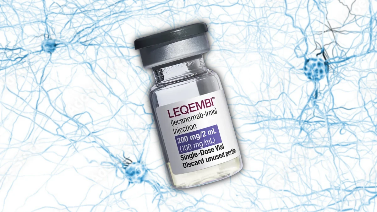 Eine Dose Leqembi (Lecanemab) vor hellblauen Neuronen.