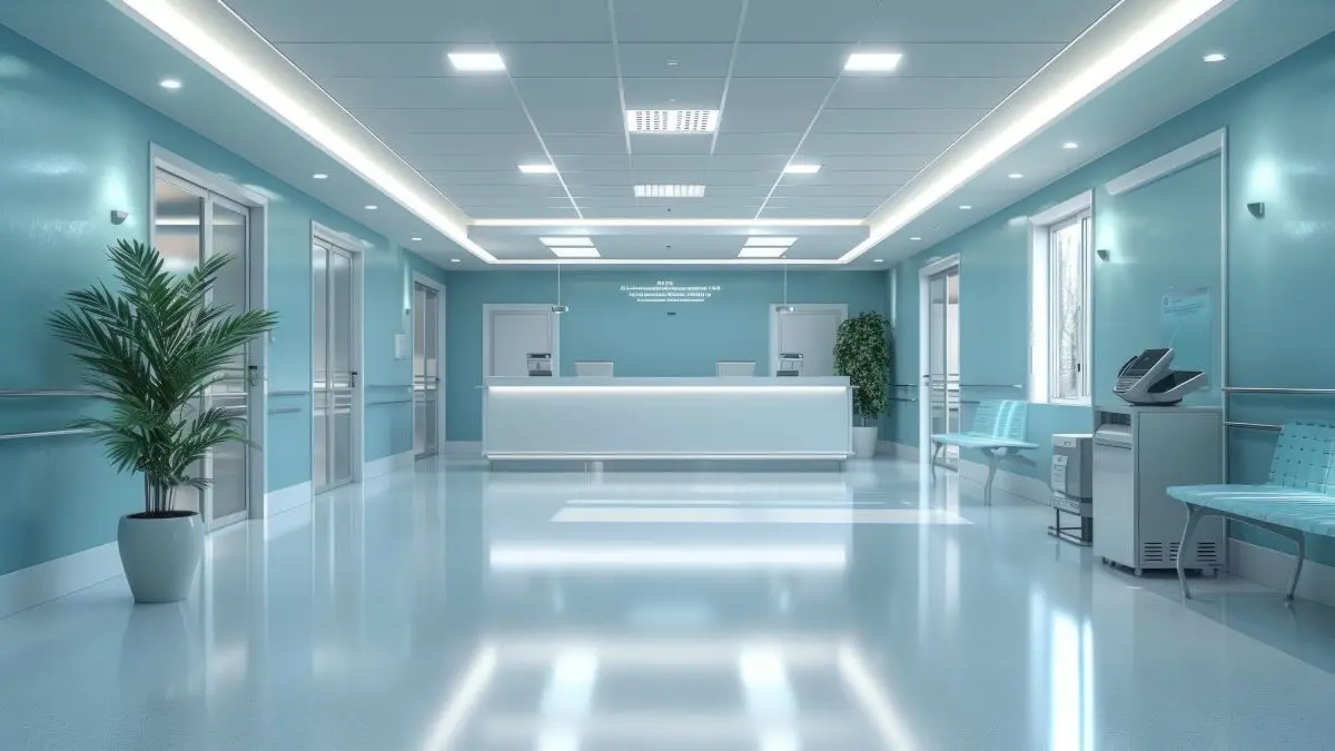 Moderne Rezeption einer Klinik mit hellblauen Wänden, glänzendem Boden und stilvoller Einrichtung.