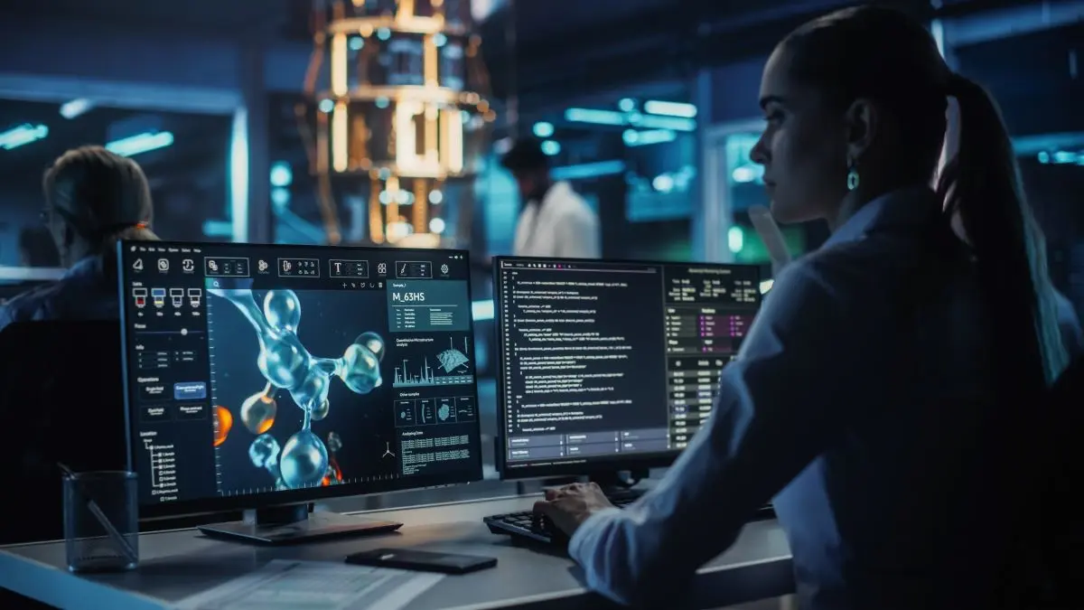 Moderne Laborumgebung mit digitalen Analysewerkzeugen und wissenschaftlichen Daten auf Monitoren.