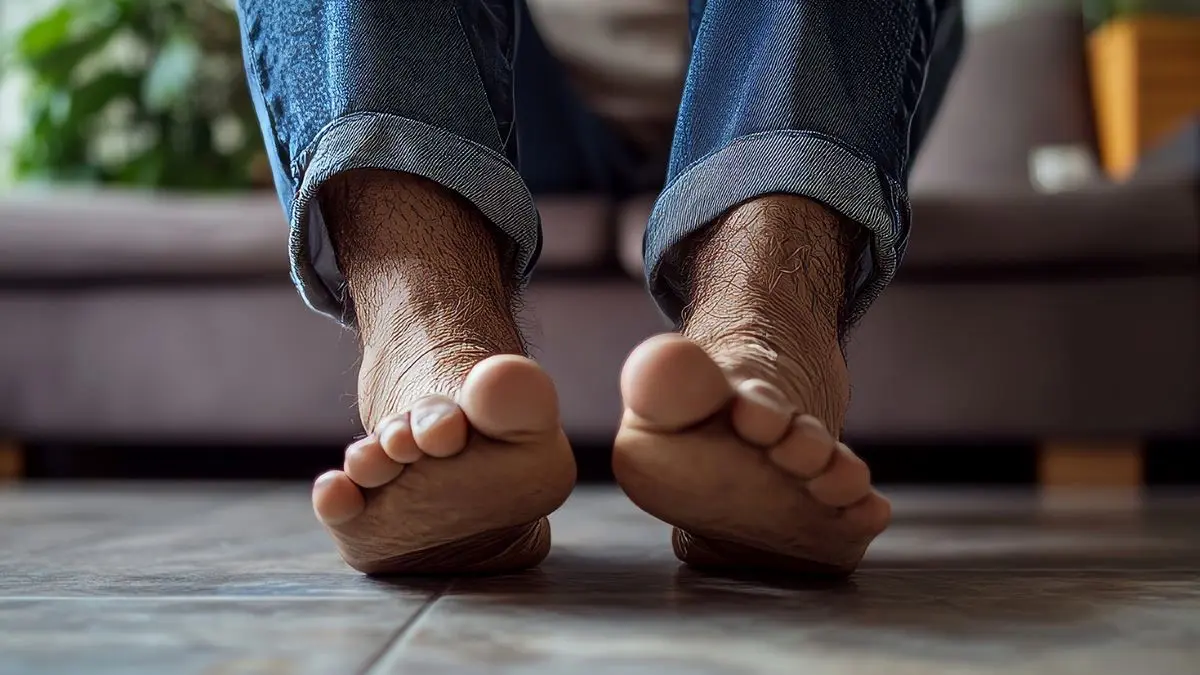 Nahaufnahme von trockener Haut an den Füßen einer Person, die auf einem Boden sitzt, mit Fokus auf Fußgesundheit und Pflege.
