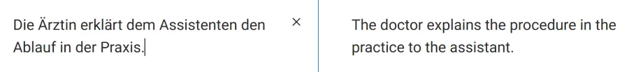 In den Screenshots vom 16. Dezember 2025 wurde jeweils auf Google Translate und auf DeepL der Satz „Die Ärztin erklärt dem Assistenten den Ablauf in der Praxis“ ins Englische und wieder zurück übersetzt.